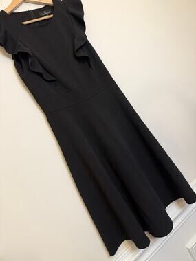 Yathon Black Ruffle Sleeve Fit and Flare Midi Dress M